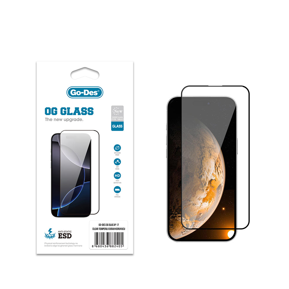 iPhone 17 Go Des OG Glass Antistatik Temperli Cam Ekran Koruyucu