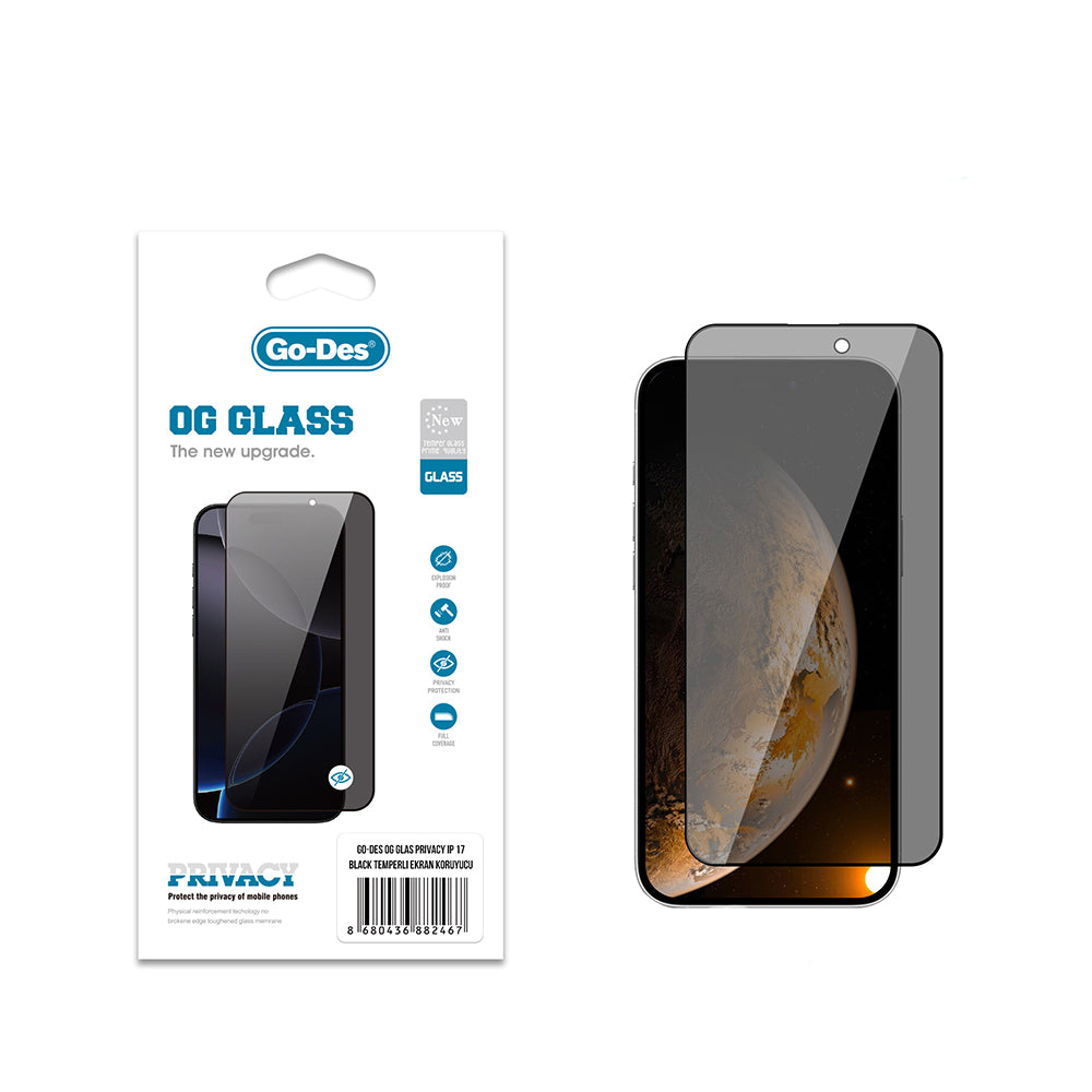 iPhone 17 Go Des OG Glass Privacy Antistatik Temperli Cam Ekran Koruyucu