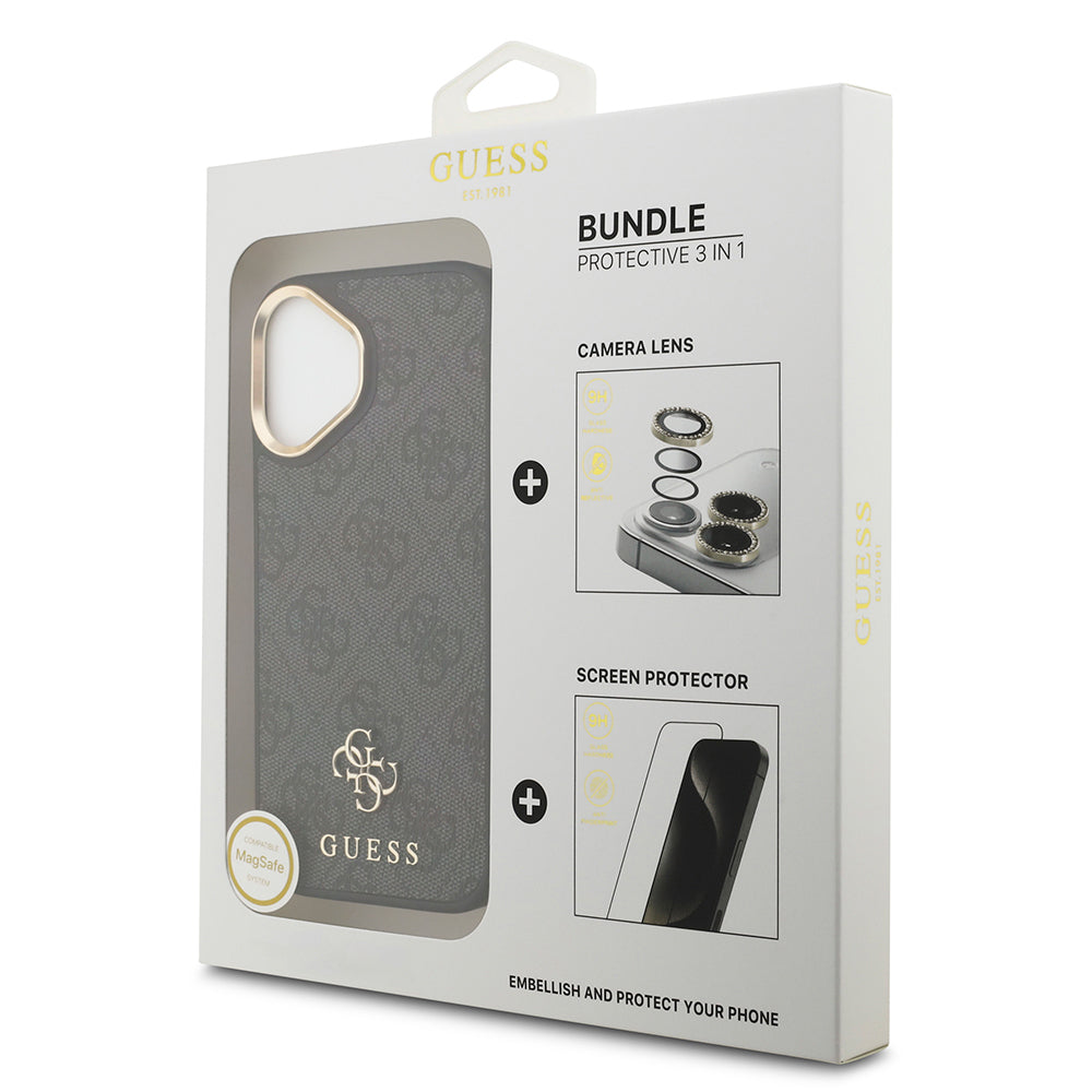 iPhone 17 Guess Orijinal Lisanslı 4G ve Yazı Logolu Kılıf + Ekran Koruyucu + Lens Koruyucu 3in1 Aksesuar Seti