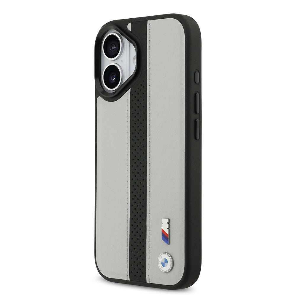 iPhone 17 Kılıf BMW Orijinal Lisanslı M-safe Şarj Özellikli Deri Arka Yüzey Metal Logolu Delikli Şerit Tasarımlı Kılıf