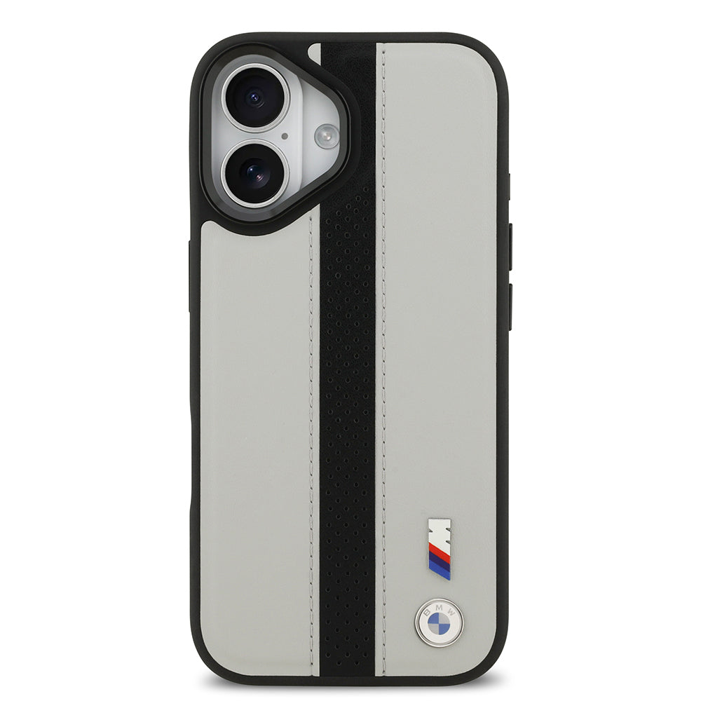 iPhone 17 Kılıf BMW Orijinal Lisanslı M-safe Şarj Özellikli Deri Arka Yüzey Metal Logolu Delikli Şerit Tasarımlı Kılıf