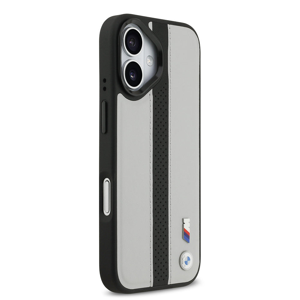 iPhone 17 Kılıf BMW Orijinal Lisanslı M-safe Şarj Özellikli Deri Arka Yüzey Metal Logolu Delikli Şerit Tasarımlı Kılıf