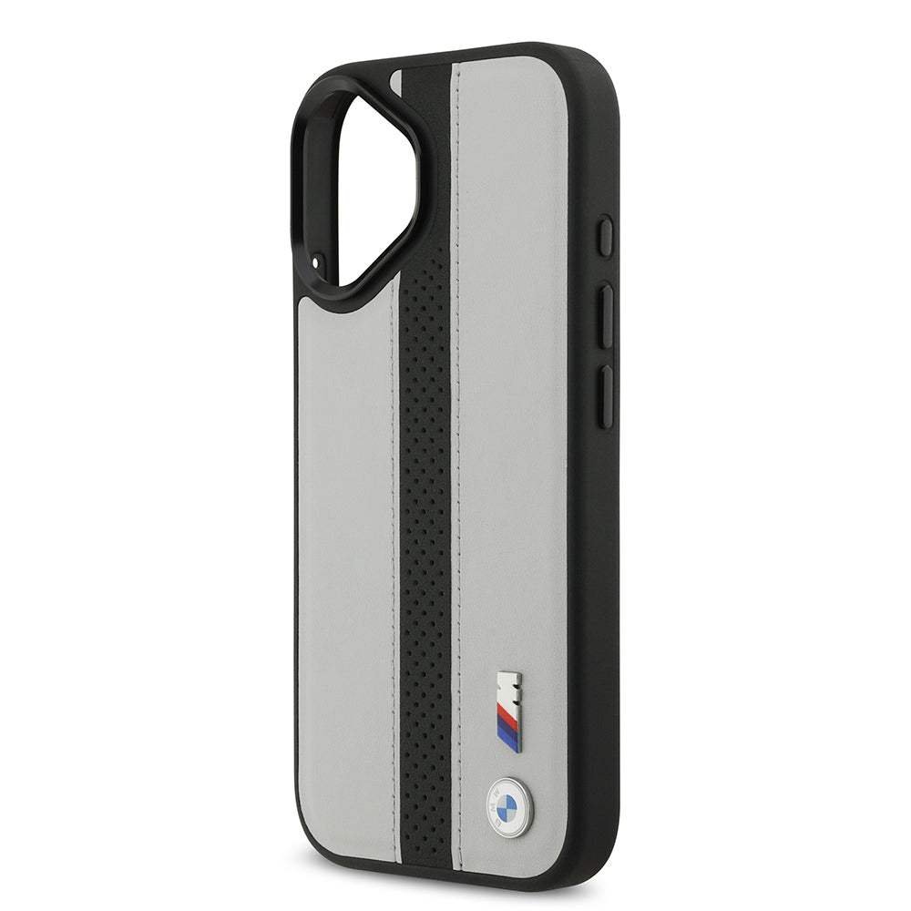 iPhone 17 Kılıf BMW Orijinal Lisanslı M-safe Şarj Özellikli Deri Arka Yüzey Metal Logolu Delikli Şerit Tasarımlı Kılıf