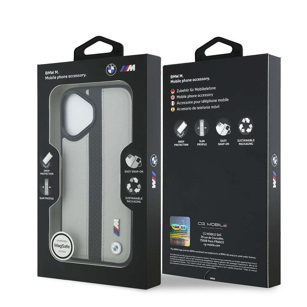 iPhone 17 Kılıf BMW Orijinal Lisanslı M-safe Şarj Özellikli Deri Arka Yüzey Metal Logolu Delikli Şerit Tasarımlı Kılıf