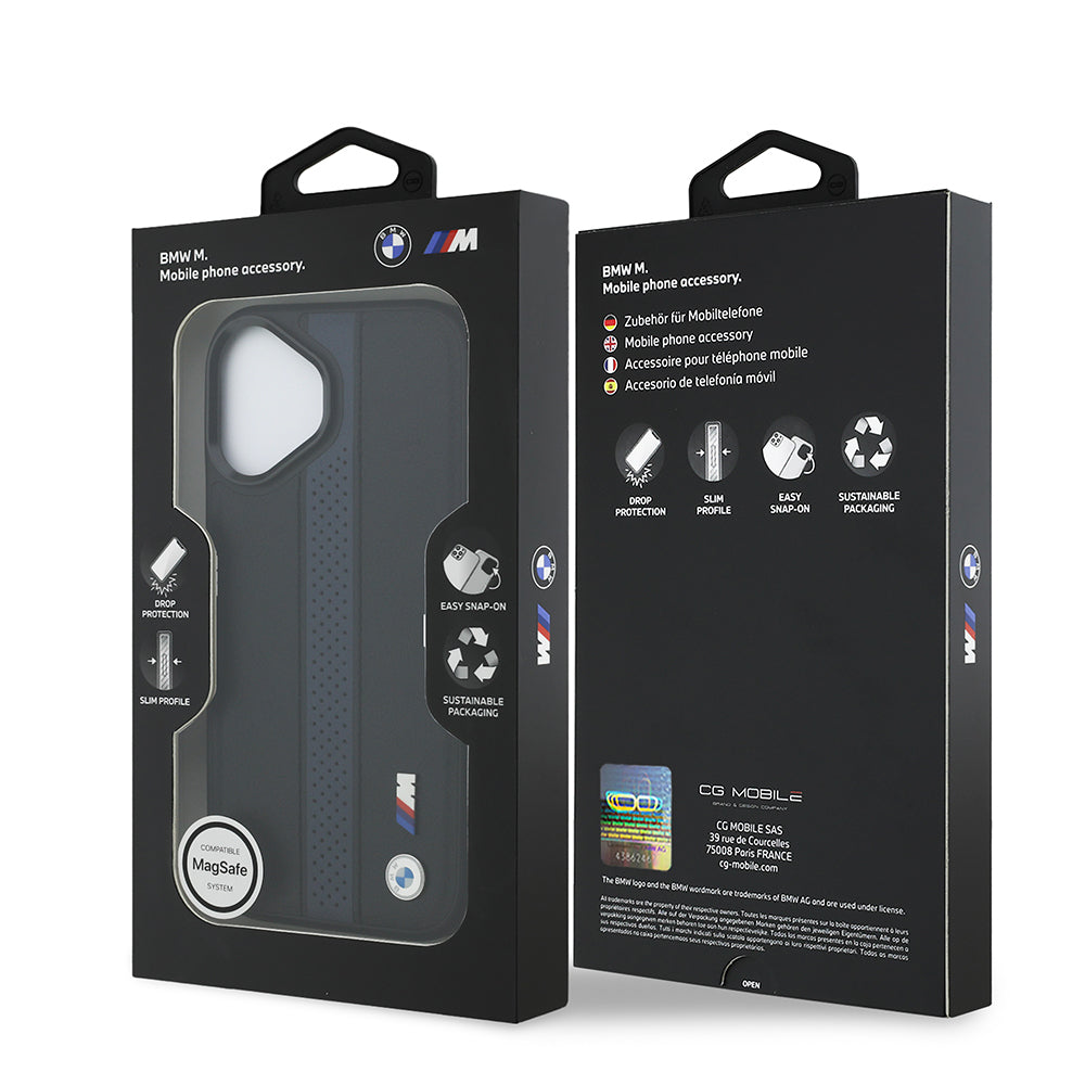 iPhone 17 Kılıf BMW Orijinal Lisanslı M-safe Şarj Özellikli Deri Arka Yüzey Metal Logolu Delikli Şerit Tasarımlı Kılıf