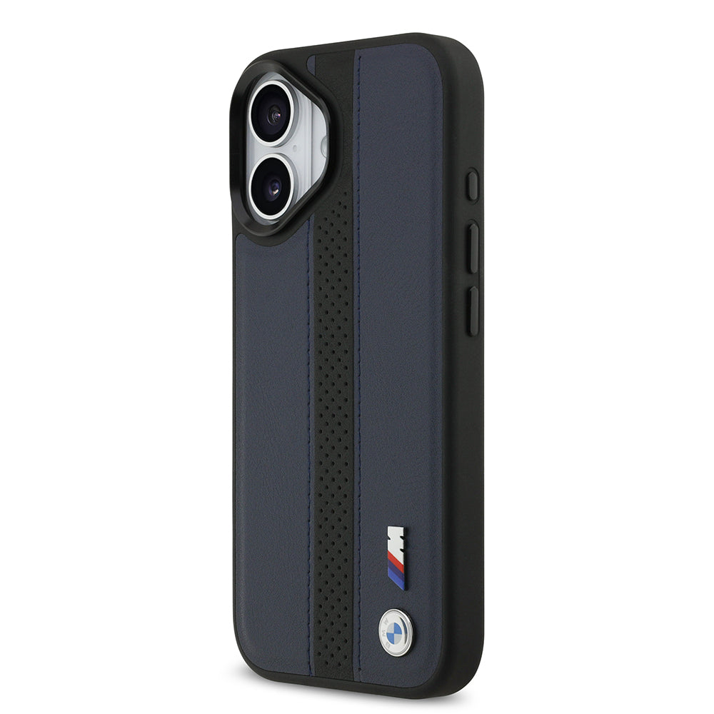 iPhone 17 Kılıf BMW Orijinal Lisanslı M-safe Şarj Özellikli Deri Arka Yüzey Metal Logolu Delikli Şerit Tasarımlı Kılıf