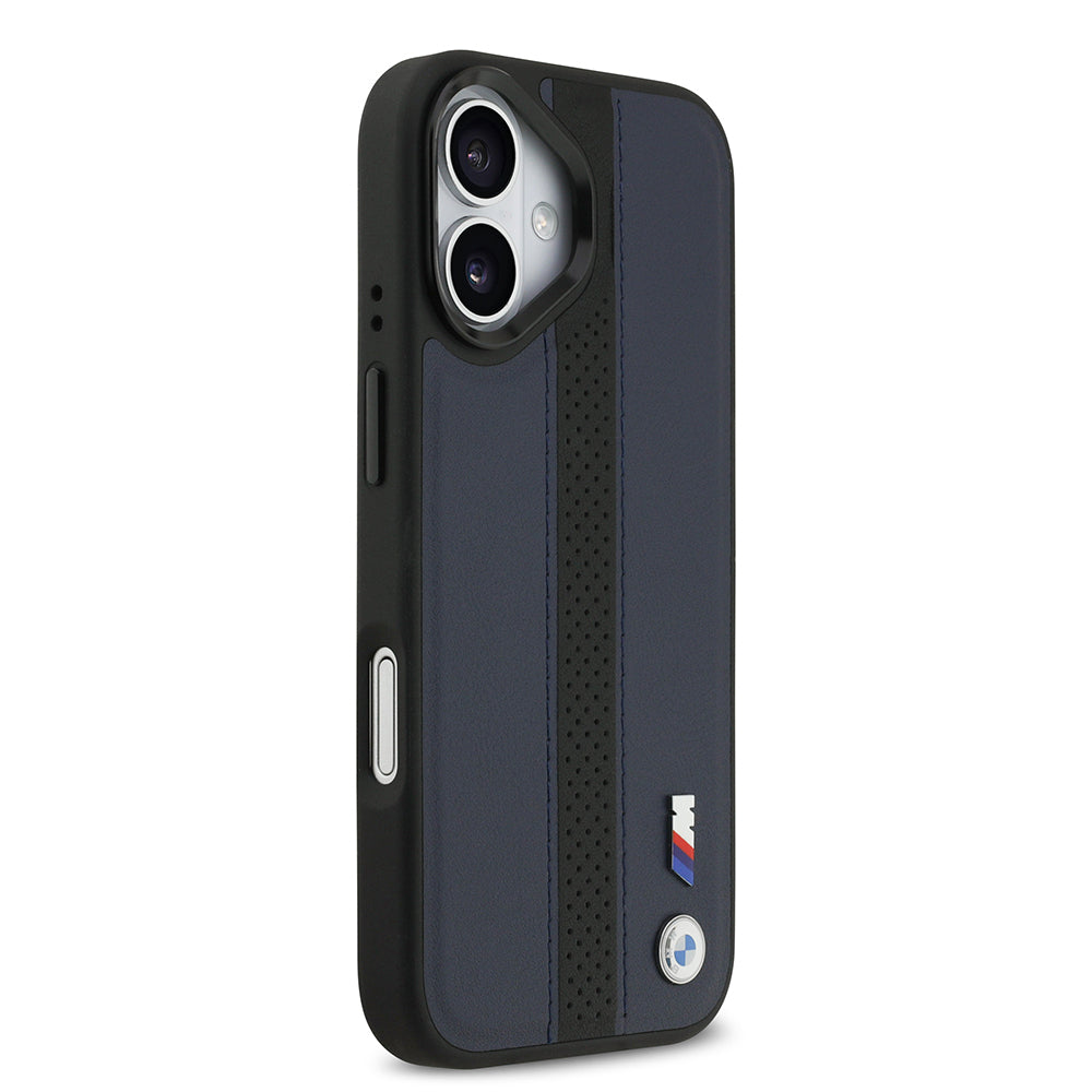 iPhone 17 Kılıf BMW Orijinal Lisanslı M-safe Şarj Özellikli Deri Arka Yüzey Metal Logolu Delikli Şerit Tasarımlı Kılıf