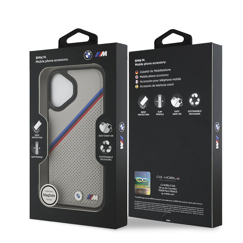 iPhone 17 Kılıf BMW Orijinal Lisanslı M-safe Şarj Özellikli M Logolu Üç Şeritli Delikli Deri Kılıf