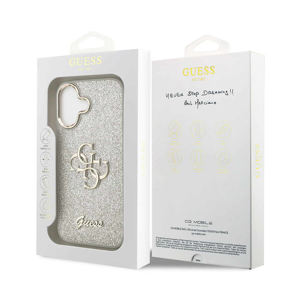 iPhone 17 Kılıf Guess Orijinal Lisanslı 4G Büyük Metal Kamera Çerçeveli ve Logolu Glitter Kılıf