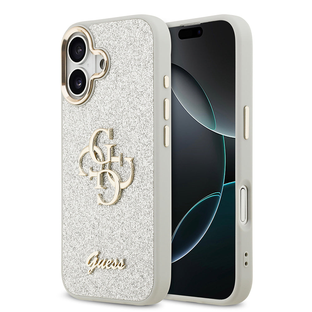 iPhone 17 Kılıf Guess Orijinal Lisanslı 4G Büyük Metal Kamera Çerçeveli ve Logolu Glitter Kılıf