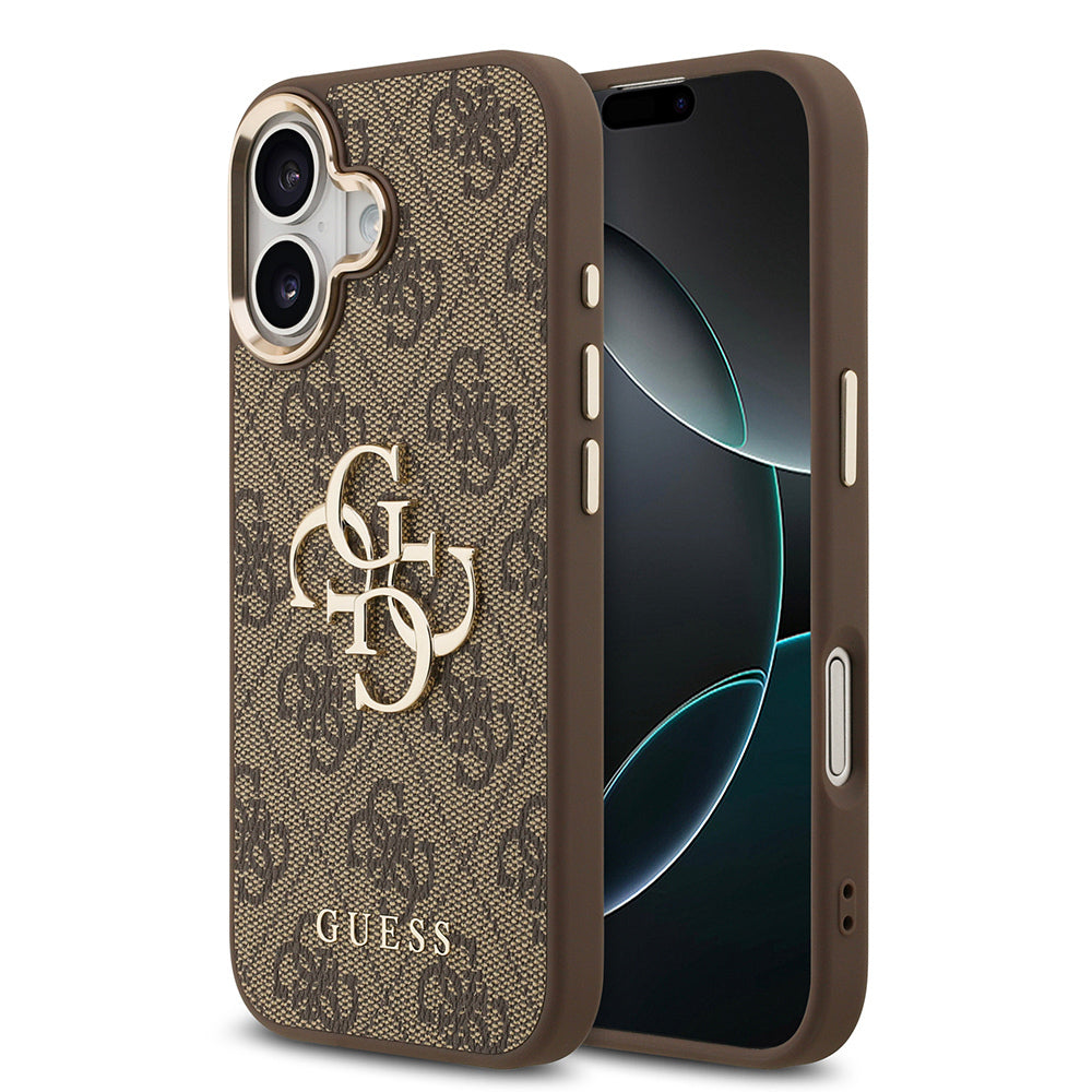 iPhone 17 Kılıf Guess Orijinal Lisanslı Gold Metal Kamera Çerçeveli 4G Desenli Metal Büyük 4G ve Yazı Logolu Kılıf
