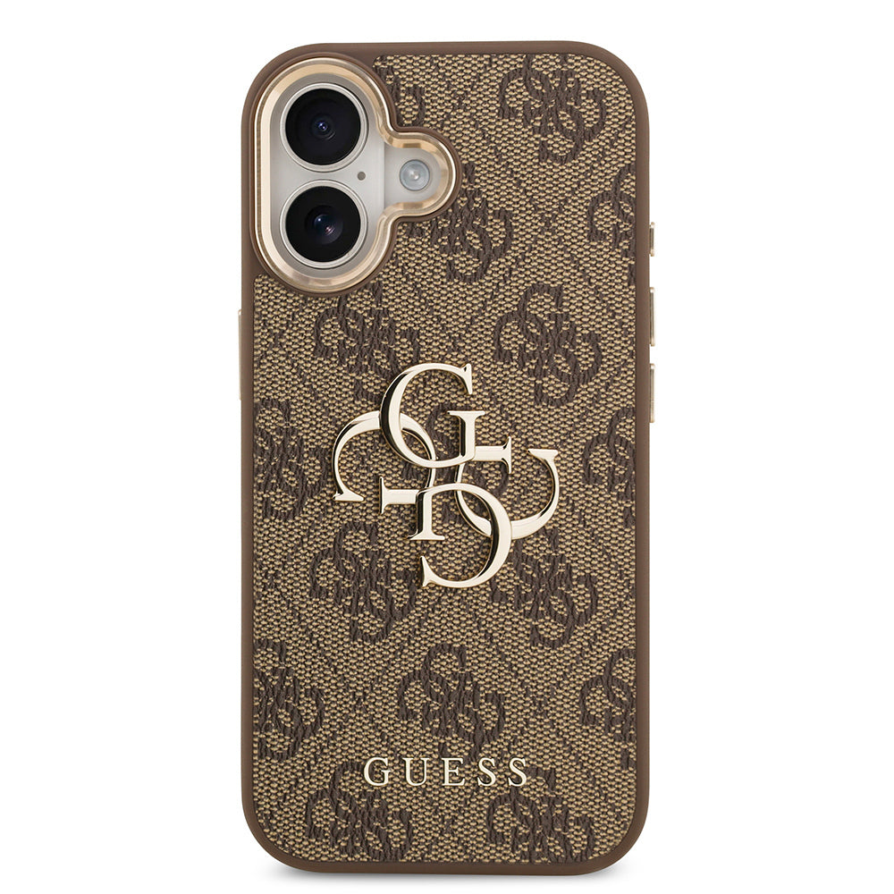 iPhone 17 Kılıf Guess Orijinal Lisanslı Gold Metal Kamera Çerçeveli 4G Desenli Metal Büyük 4G ve Yazı Logolu Kılıf