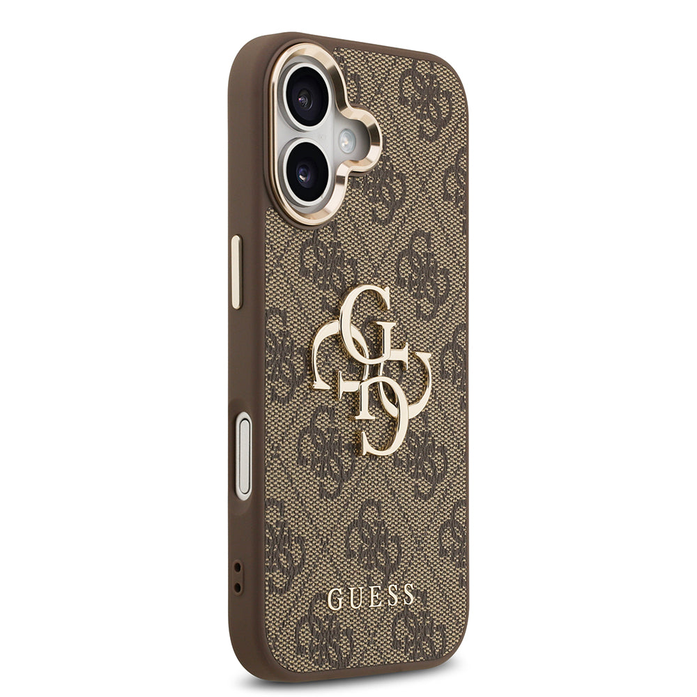 iPhone 17 Kılıf Guess Orijinal Lisanslı Gold Metal Kamera Çerçeveli 4G Desenli Metal Büyük 4G ve Yazı Logolu Kılıf