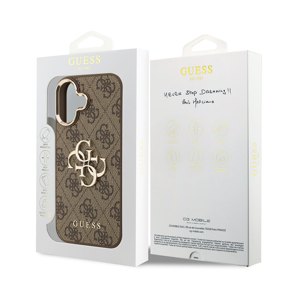 iPhone 17 Kılıf Guess Orijinal Lisanslı Gold Metal Kamera Çerçeveli 4G Desenli Metal Büyük 4G ve Yazı Logolu Kılıf
