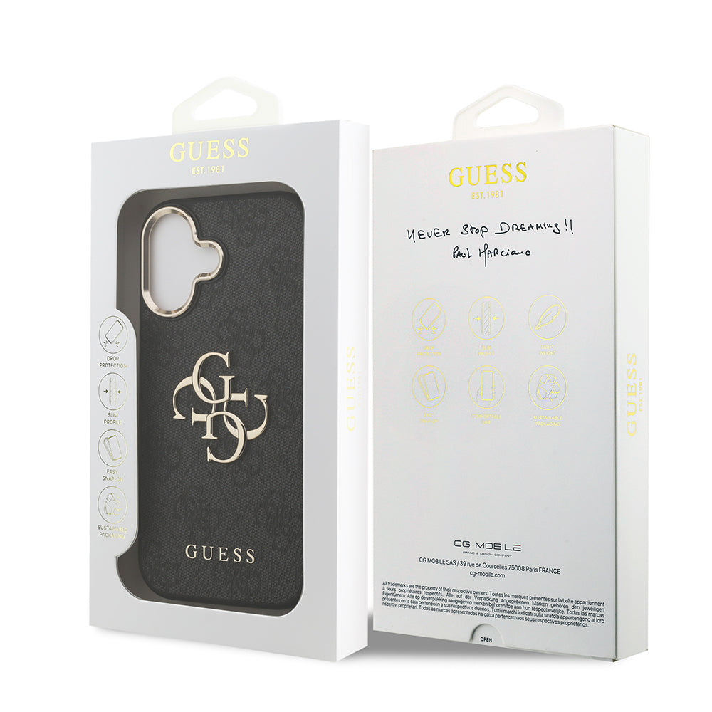 iPhone 17 Kılıf Guess Orijinal Lisanslı Gold Metal Kamera Çerçeveli 4G Desenli Metal Büyük 4G ve Yazı Logolu Kılıf