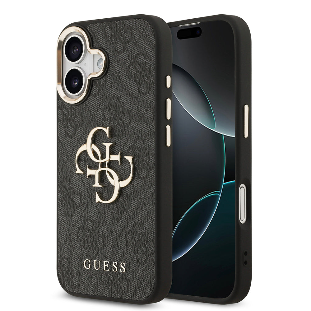 iPhone 17 Kılıf Guess Orijinal Lisanslı Gold Metal Kamera Çerçeveli 4G Desenli Metal Büyük 4G ve Yazı Logolu Kılıf