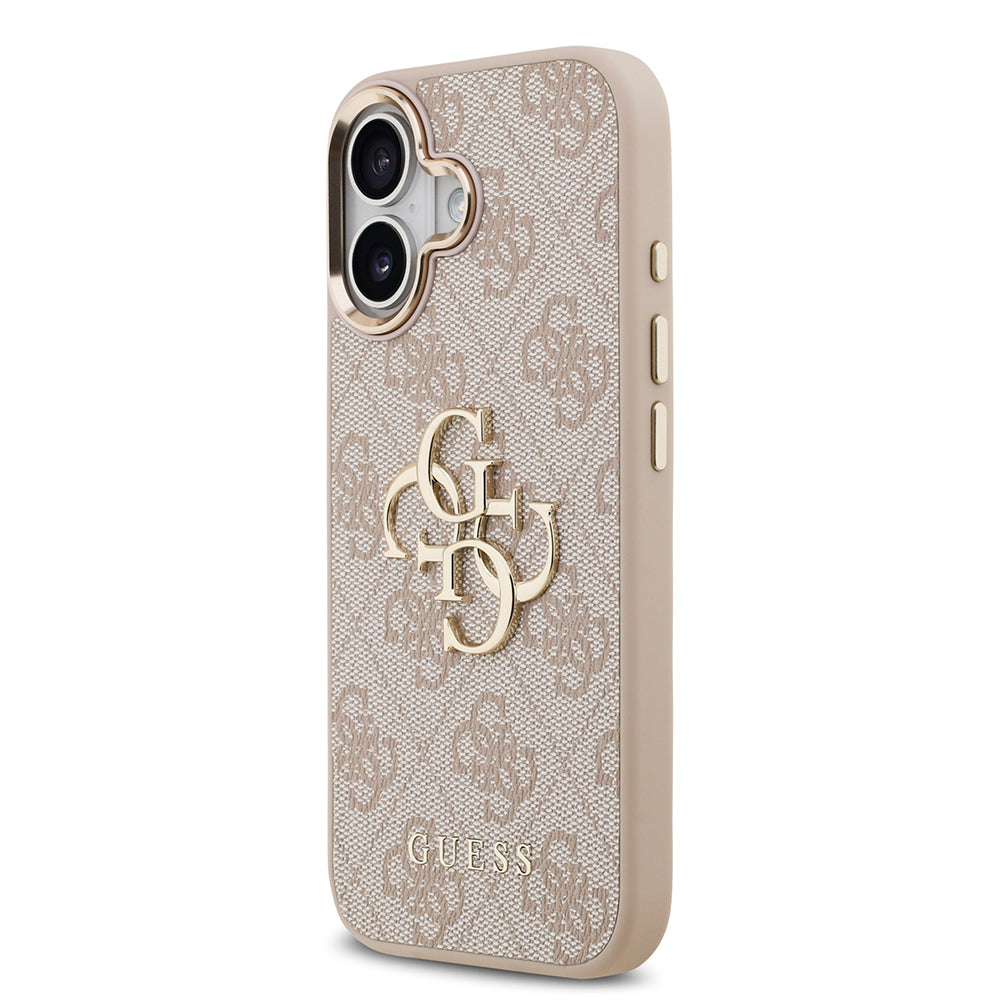 iPhone 17 Kılıf Guess Orijinal Lisanslı Gold Metal Kamera Çerçeveli 4G Desenli Metal Büyük 4G ve Yazı Logolu Kılıf