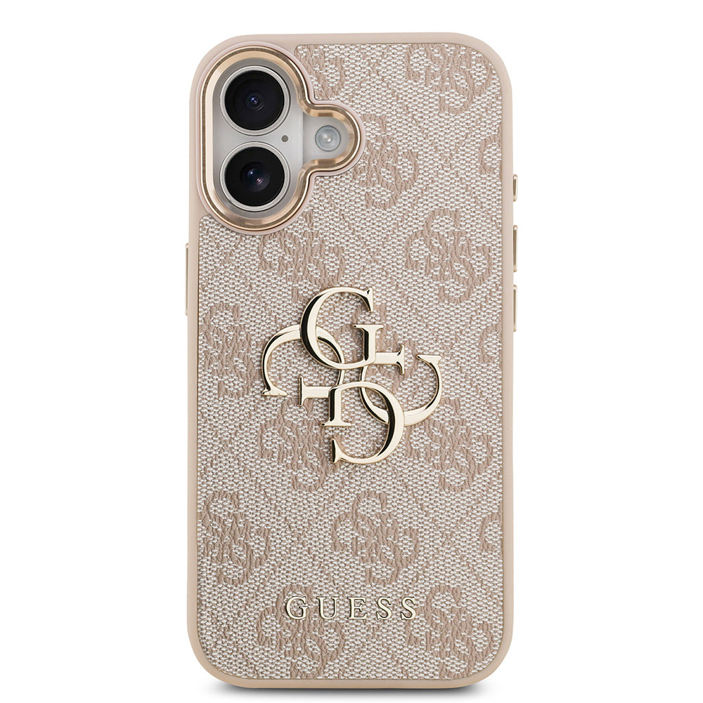 iPhone 17 Kılıf Guess Orijinal Lisanslı Gold Metal Kamera Çerçeveli 4G Desenli Metal Büyük 4G ve Yazı Logolu Kılıf