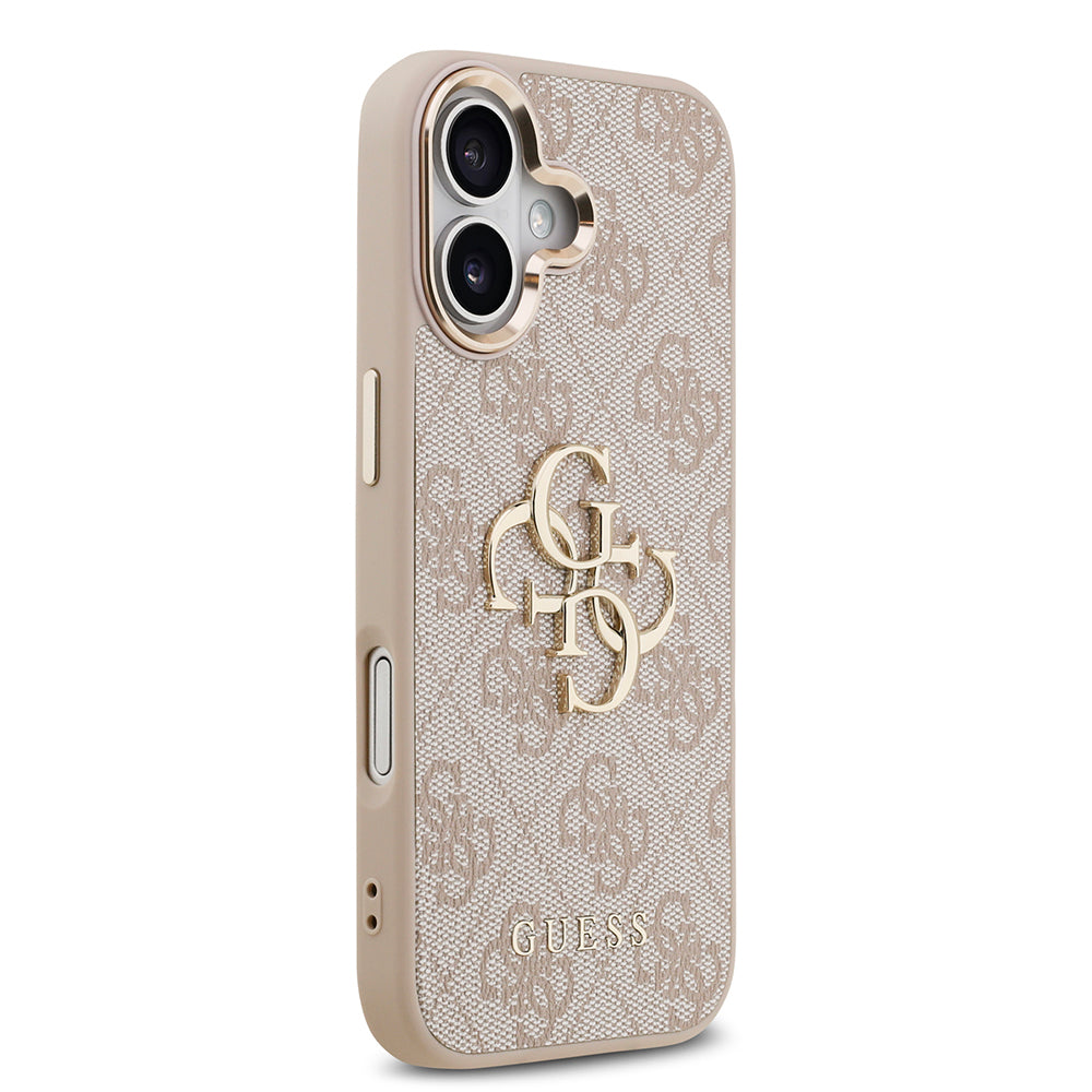 iPhone 17 Kılıf Guess Orijinal Lisanslı Gold Metal Kamera Çerçeveli 4G Desenli Metal Büyük 4G ve Yazı Logolu Kılıf
