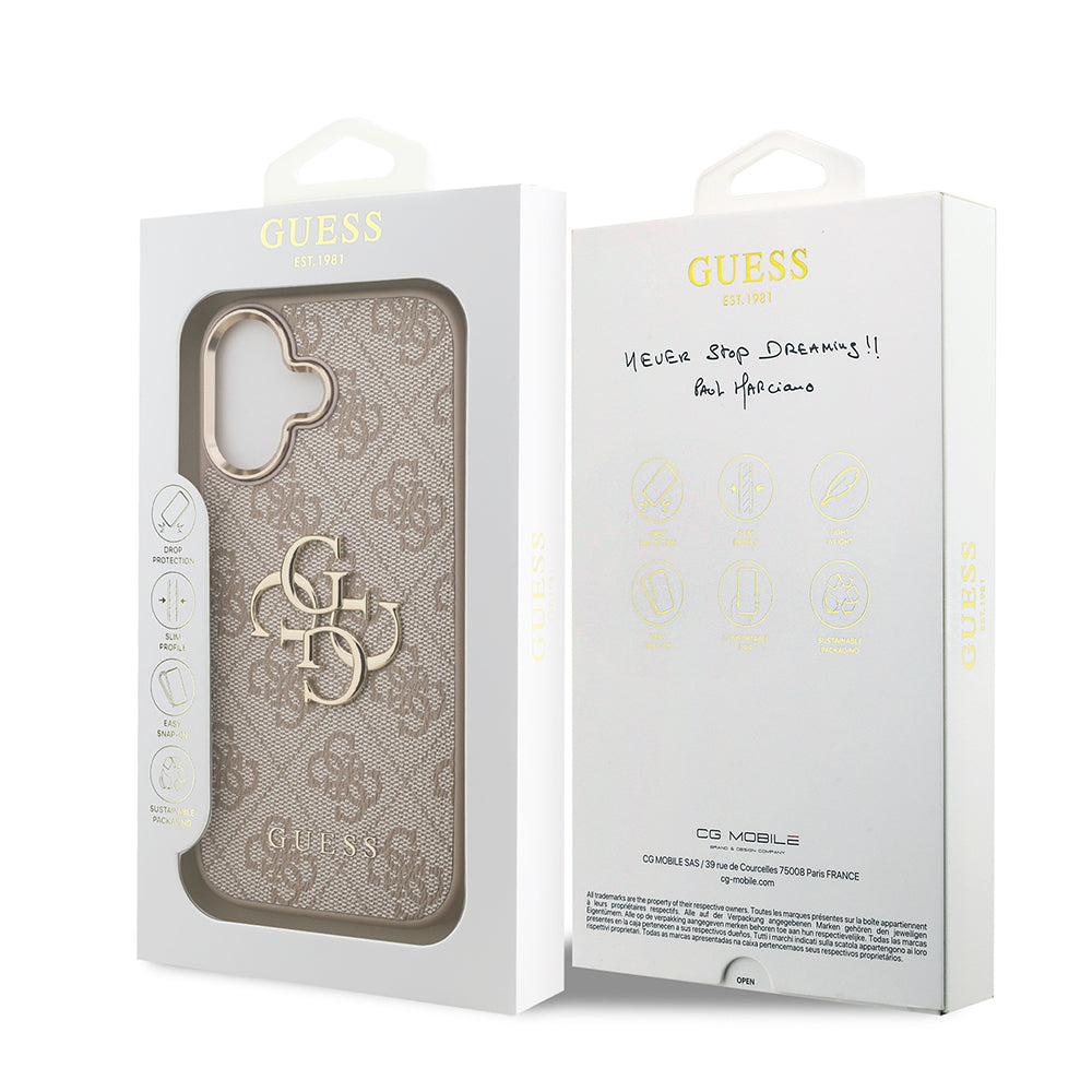 iPhone 17 Kılıf Guess Orijinal Lisanslı Gold Metal Kamera Çerçeveli 4G Desenli Metal Büyük 4G ve Yazı Logolu Kılıf