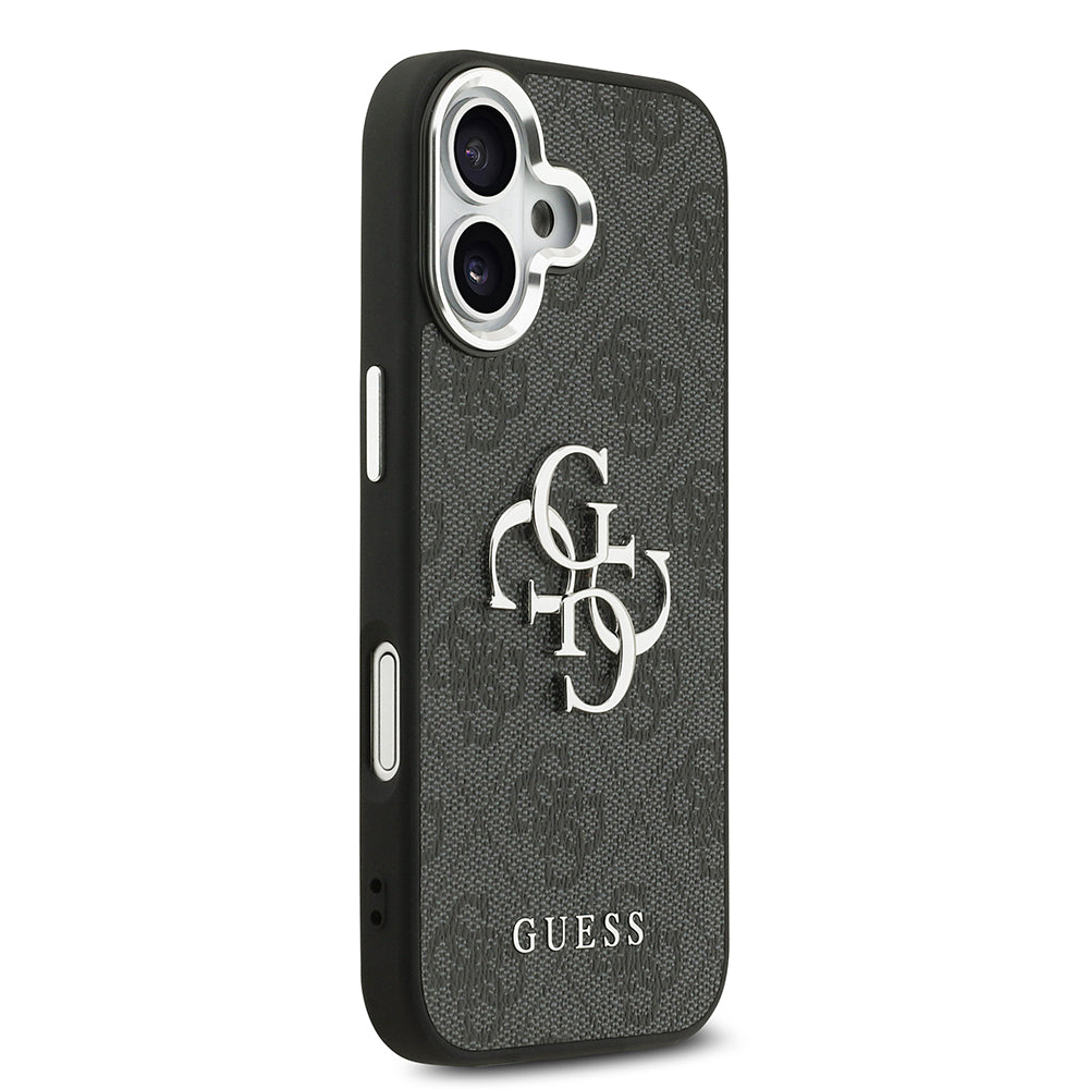 iPhone 17 Kılıf Guess Orijinal Lisanslı Gümüş Metal Kamera Çerçeveli 4G Desenli Metal Büyük 4G ve Yazı Logolu Kılıf