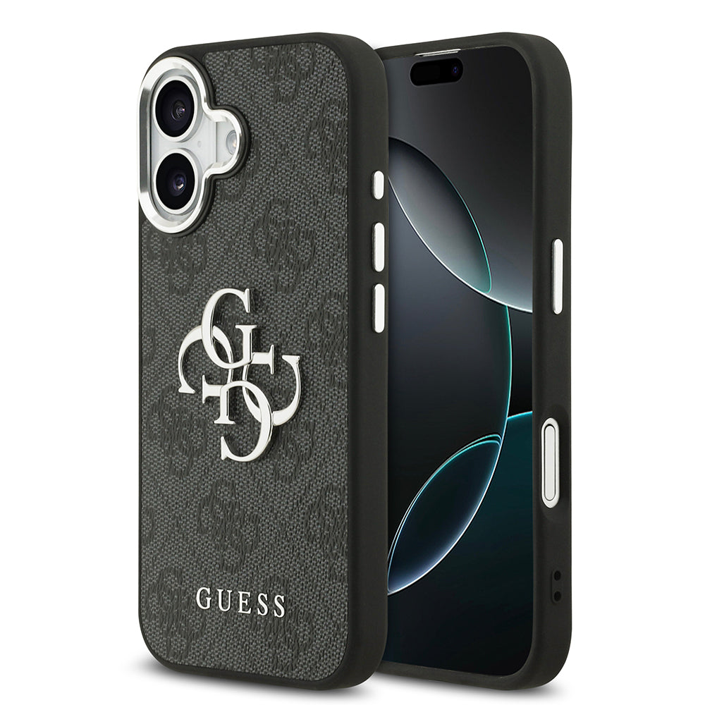 iPhone 17 Kılıf Guess Orijinal Lisanslı Gümüş Metal Kamera Çerçeveli 4G Desenli Metal Büyük 4G ve Yazı Logolu Kılıf
