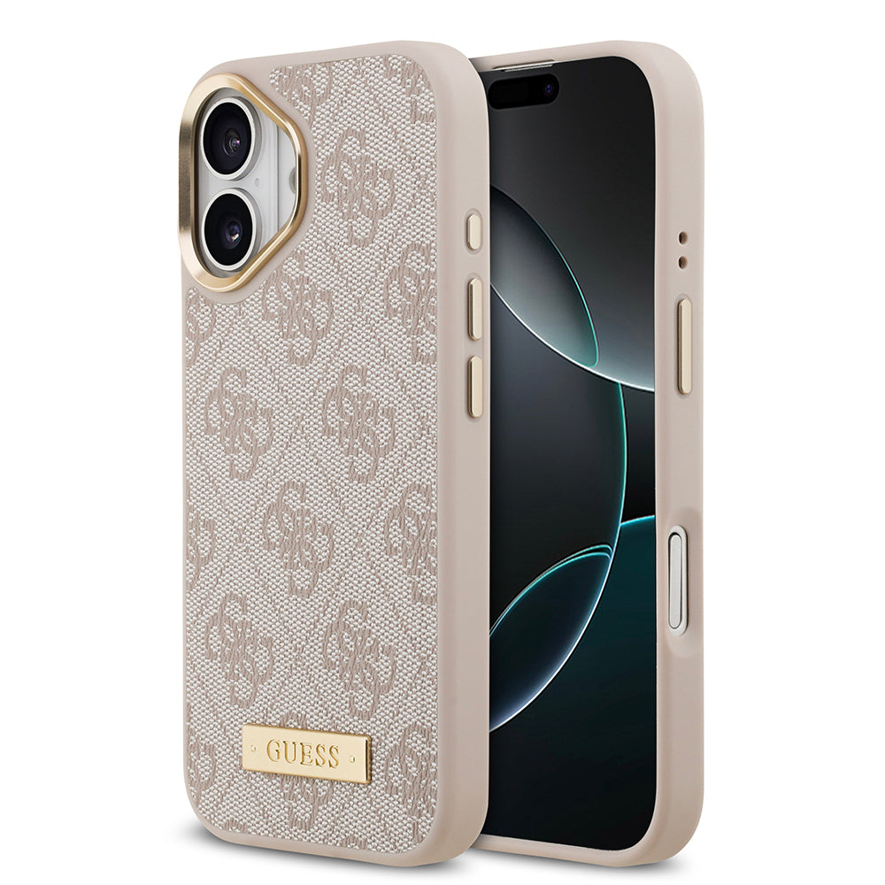 iPhone 17 Kılıf Guess Orijinal Lisanslı M-safe Şarj Özellikli 4G Desenli PU Metal Plaka Klasik Logolu Kılıf