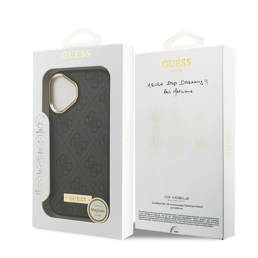 iPhone 17 Kılıf Guess Orijinal Lisanslı M-safe Şarj Özellikli 4G Desenli PU Metal Plaka Klasik Logolu Kılıf