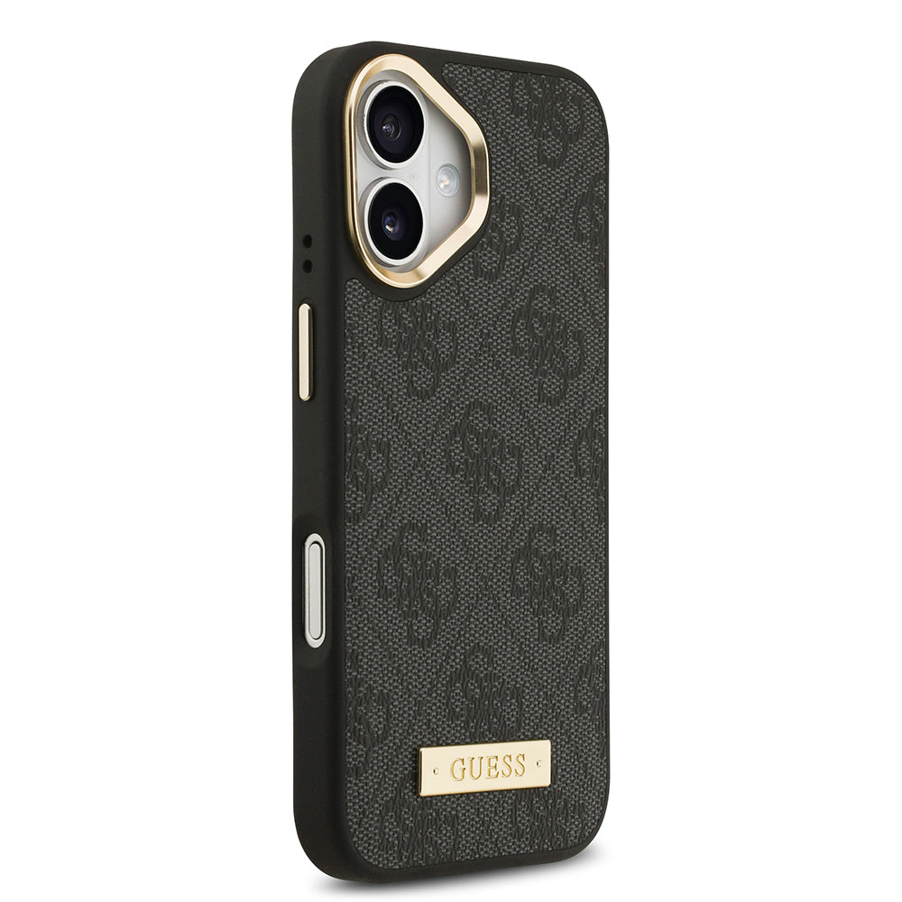 iPhone 17 Kılıf Guess Orijinal Lisanslı M-safe Şarj Özellikli 4G Desenli PU Metal Plaka Klasik Logolu Kılıf