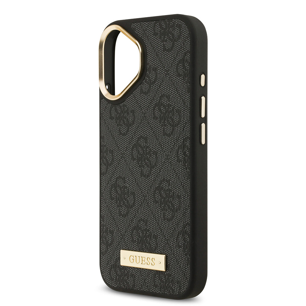 iPhone 17 Kılıf Guess Orijinal Lisanslı M-safe Şarj Özellikli 4G Desenli PU Metal Plaka Klasik Logolu Kılıf