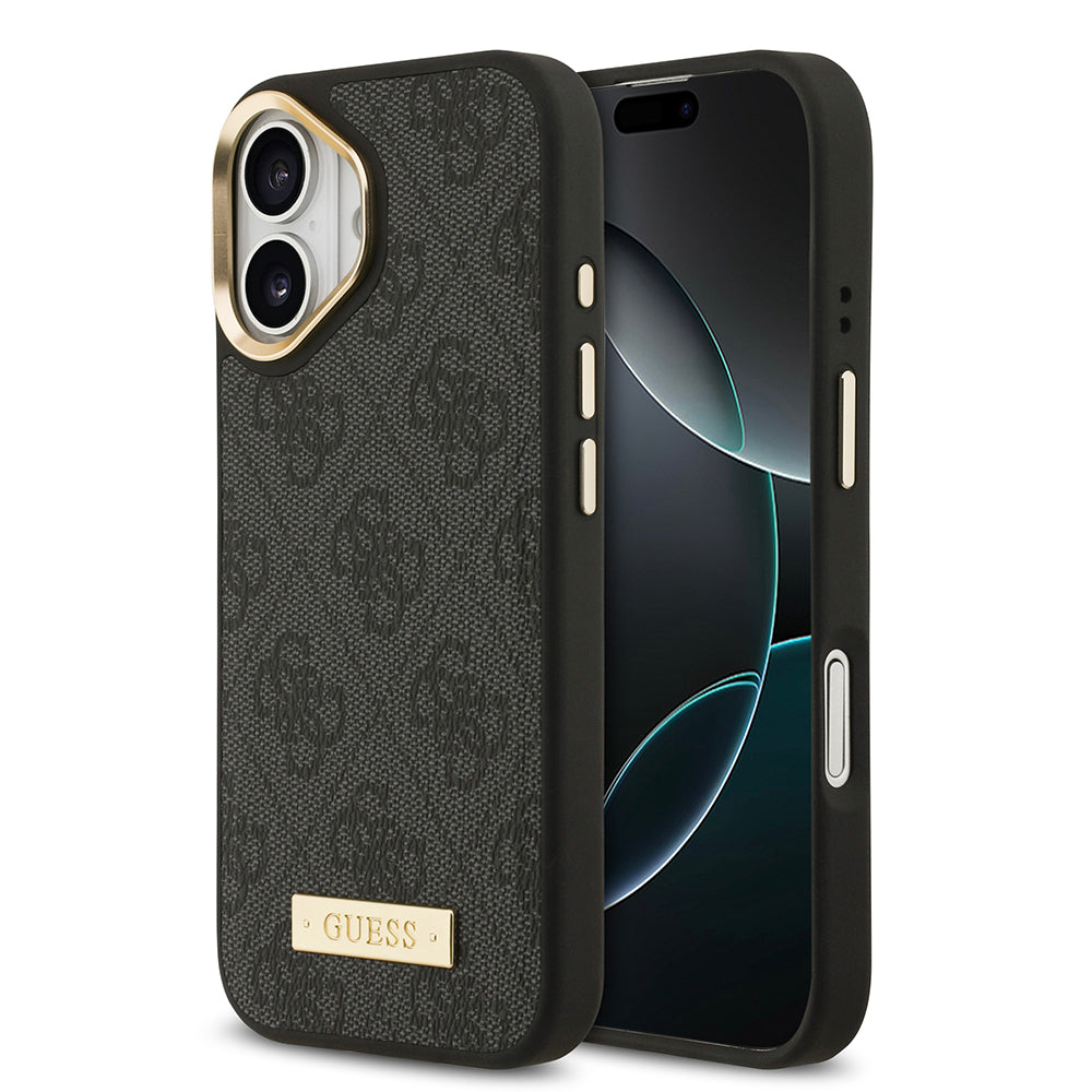 iPhone 17 Kılıf Guess Orijinal Lisanslı M-safe Şarj Özellikli 4G Desenli PU Metal Plaka Klasik Logolu Kılıf