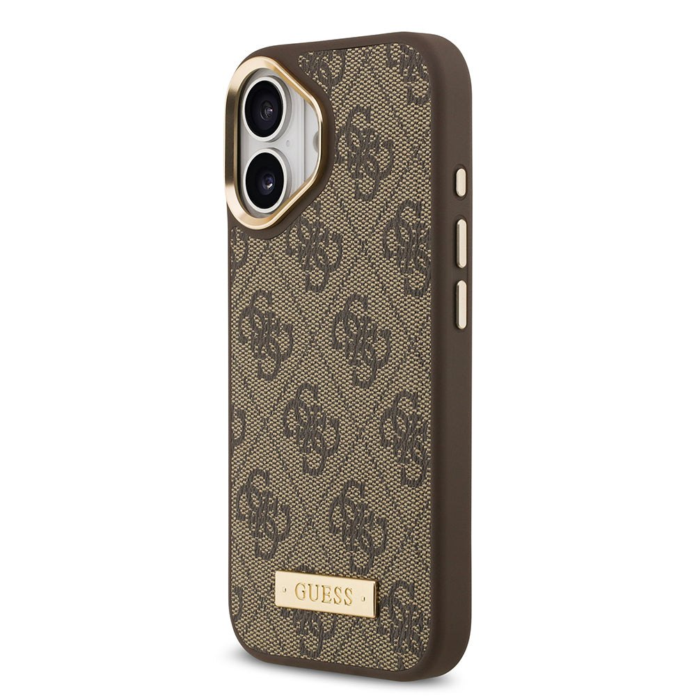 iPhone 17 Kılıf Guess Orijinal Lisanslı M-safe Şarj Özellikli 4G Desenli PU Metal Plaka Klasik Logolu Kılıf