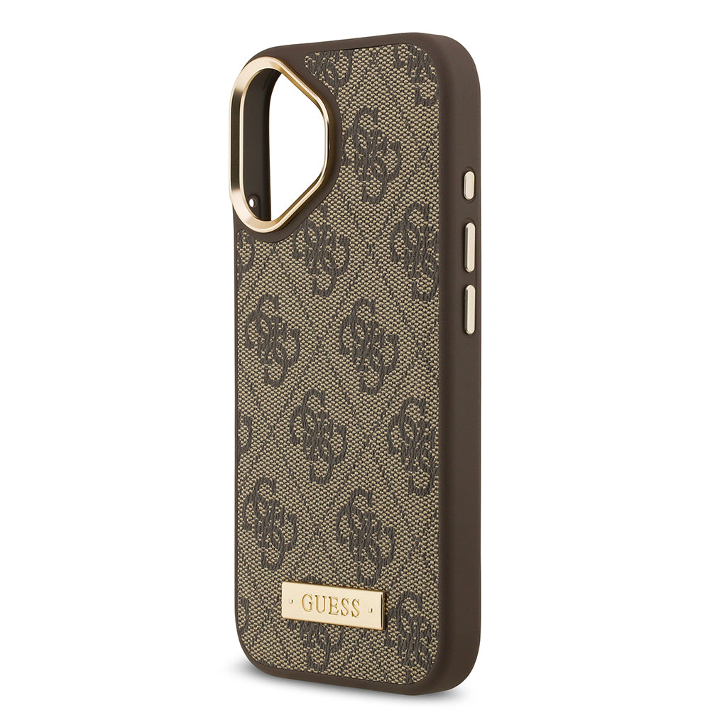 iPhone 17 Kılıf Guess Orijinal Lisanslı M-safe Şarj Özellikli 4G Desenli PU Metal Plaka Klasik Logolu Kılıf