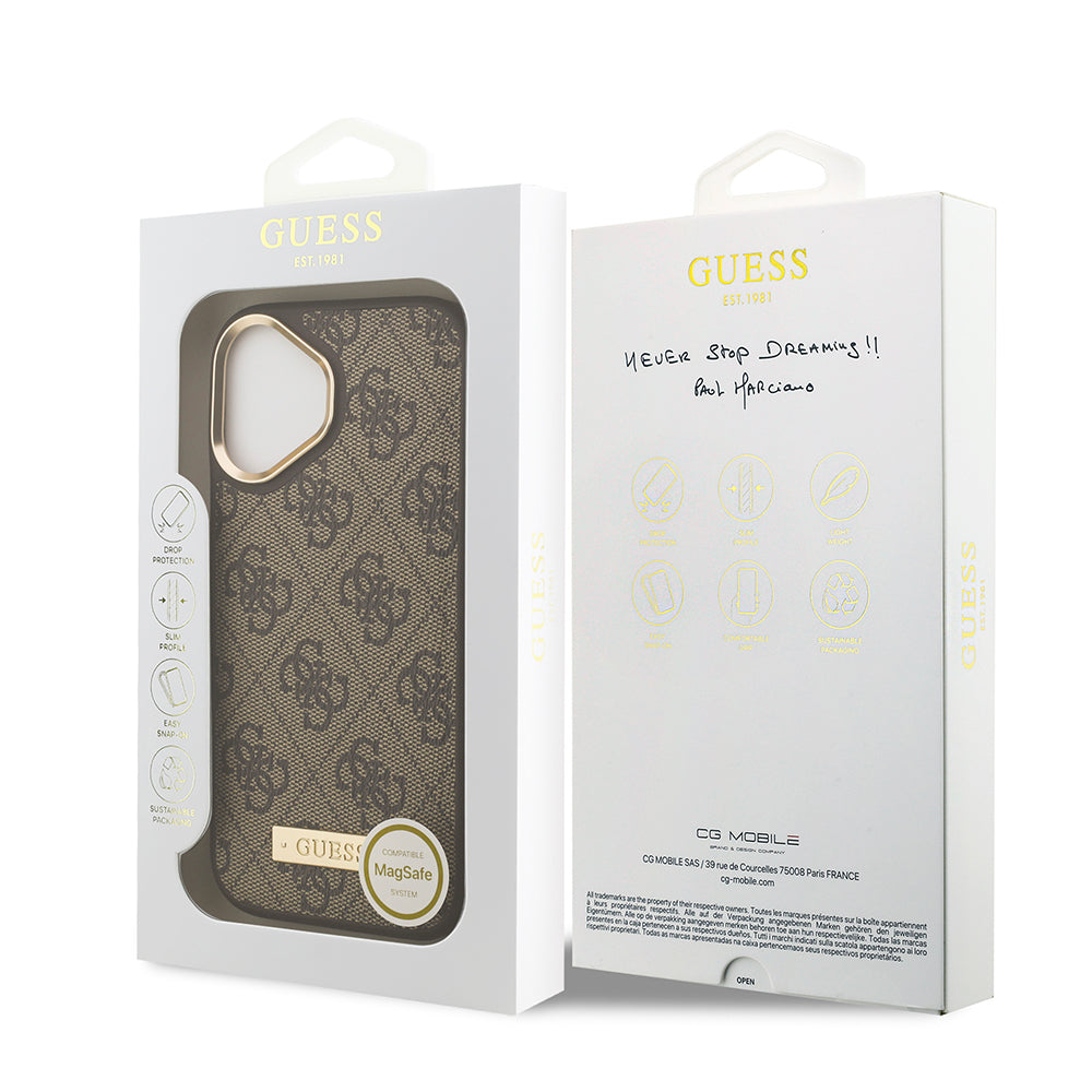 iPhone 17 Kılıf Guess Orijinal Lisanslı M-safe Şarj Özellikli 4G Desenli PU Metal Plaka Klasik Logolu Kılıf