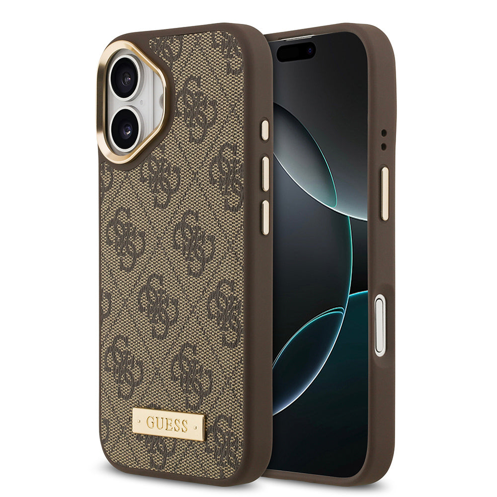 iPhone 17 Kılıf Guess Orijinal Lisanslı M-safe Şarj Özellikli 4G Desenli PU Metal Plaka Klasik Logolu Kılıf