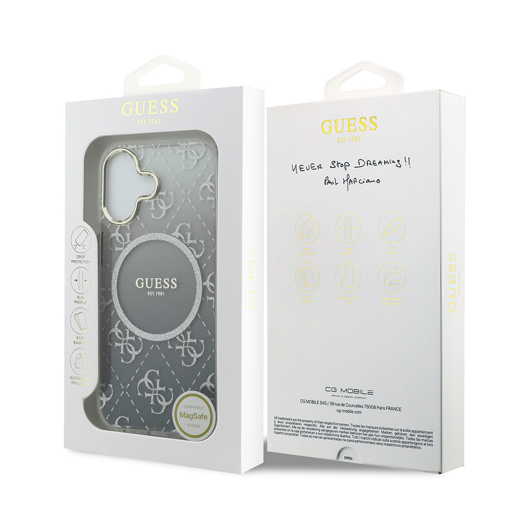 iPhone 17 Kılıf Guess Orijinal Lisanslı M-safe Şarj Özellikli 4G Desenli Simli Silikon Kılıf