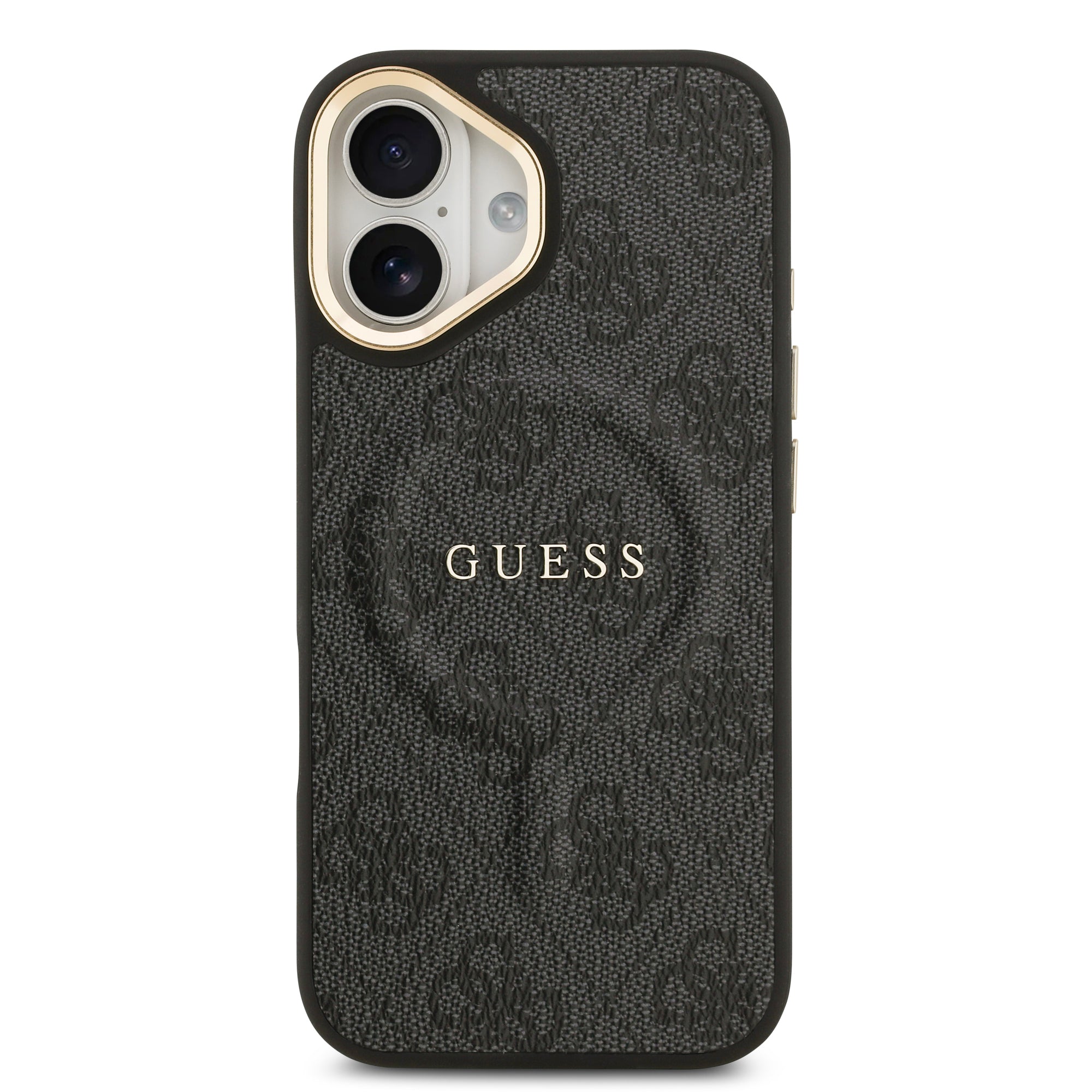 iPhone 17 Kılıf Guess Orijinal Lisanslı M-safe Şarj Özellikli Gold Metal Kamera Çerçeveli PU Deri 4G Desenli Yazı Logolu Kılıf