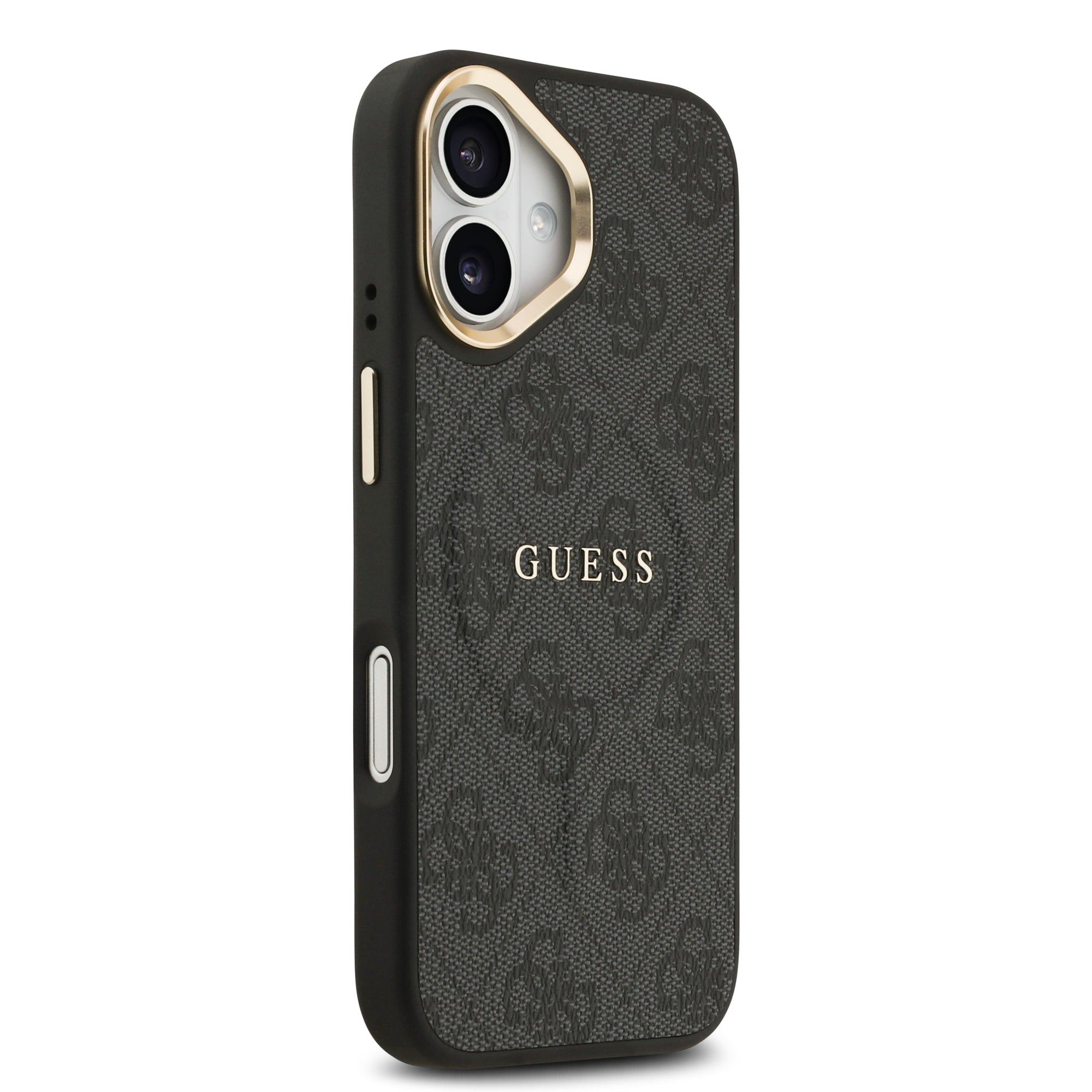iPhone 17 Kılıf Guess Orijinal Lisanslı M-safe Şarj Özellikli Gold Metal Kamera Çerçeveli PU Deri 4G Desenli Yazı Logolu Kılıf