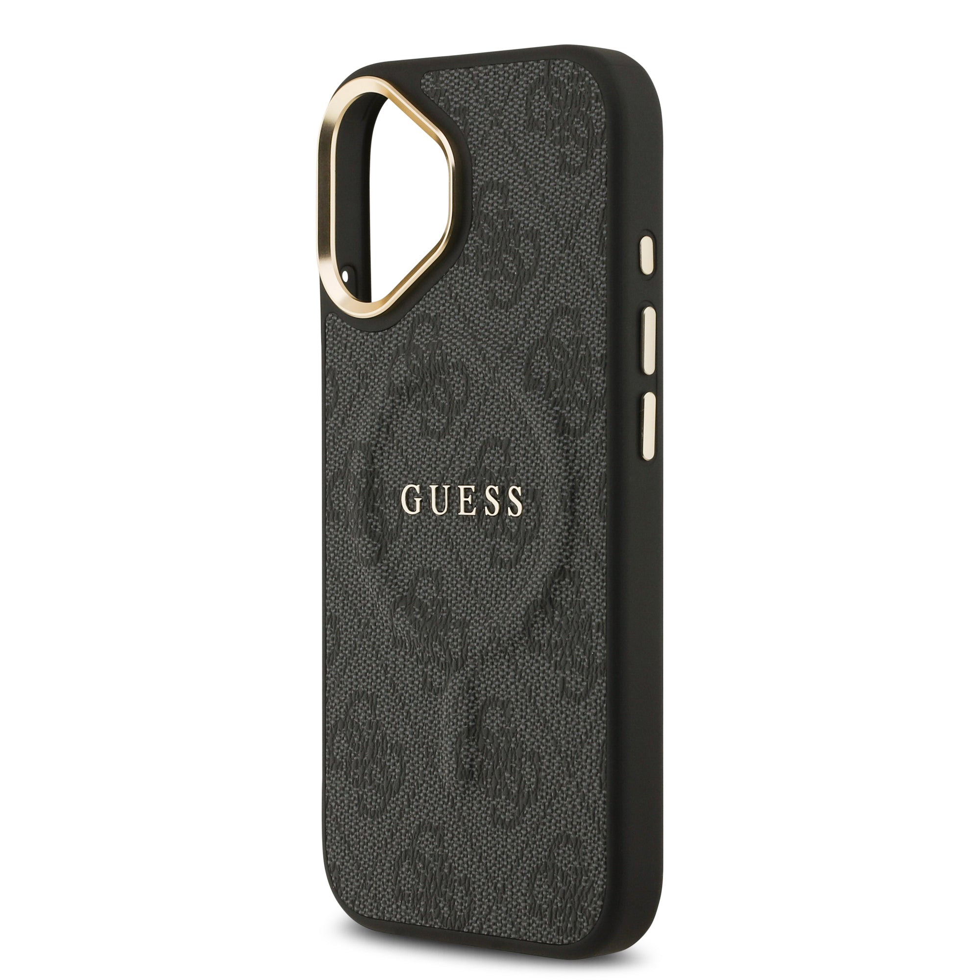 iPhone 17 Kılıf Guess Orijinal Lisanslı M-safe Şarj Özellikli Gold Metal Kamera Çerçeveli PU Deri 4G Desenli Yazı Logolu Kılıf