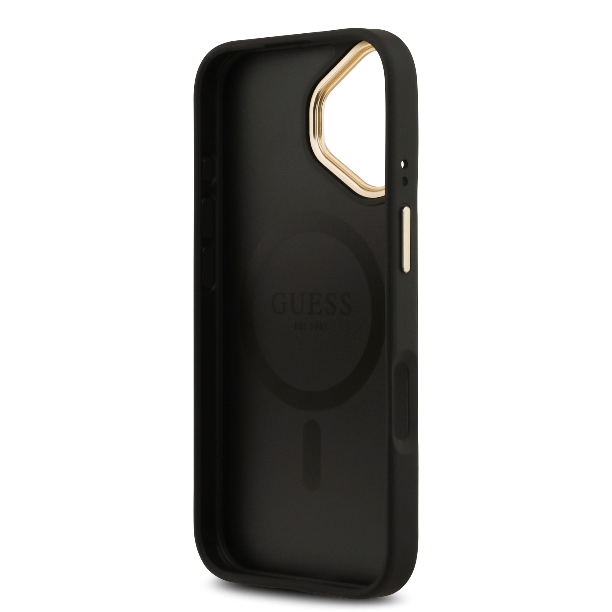 iPhone 17 Kılıf Guess Orijinal Lisanslı M-safe Şarj Özellikli Gold Metal Kamera Çerçeveli PU Deri 4G Desenli Yazı Logolu Kılıf
