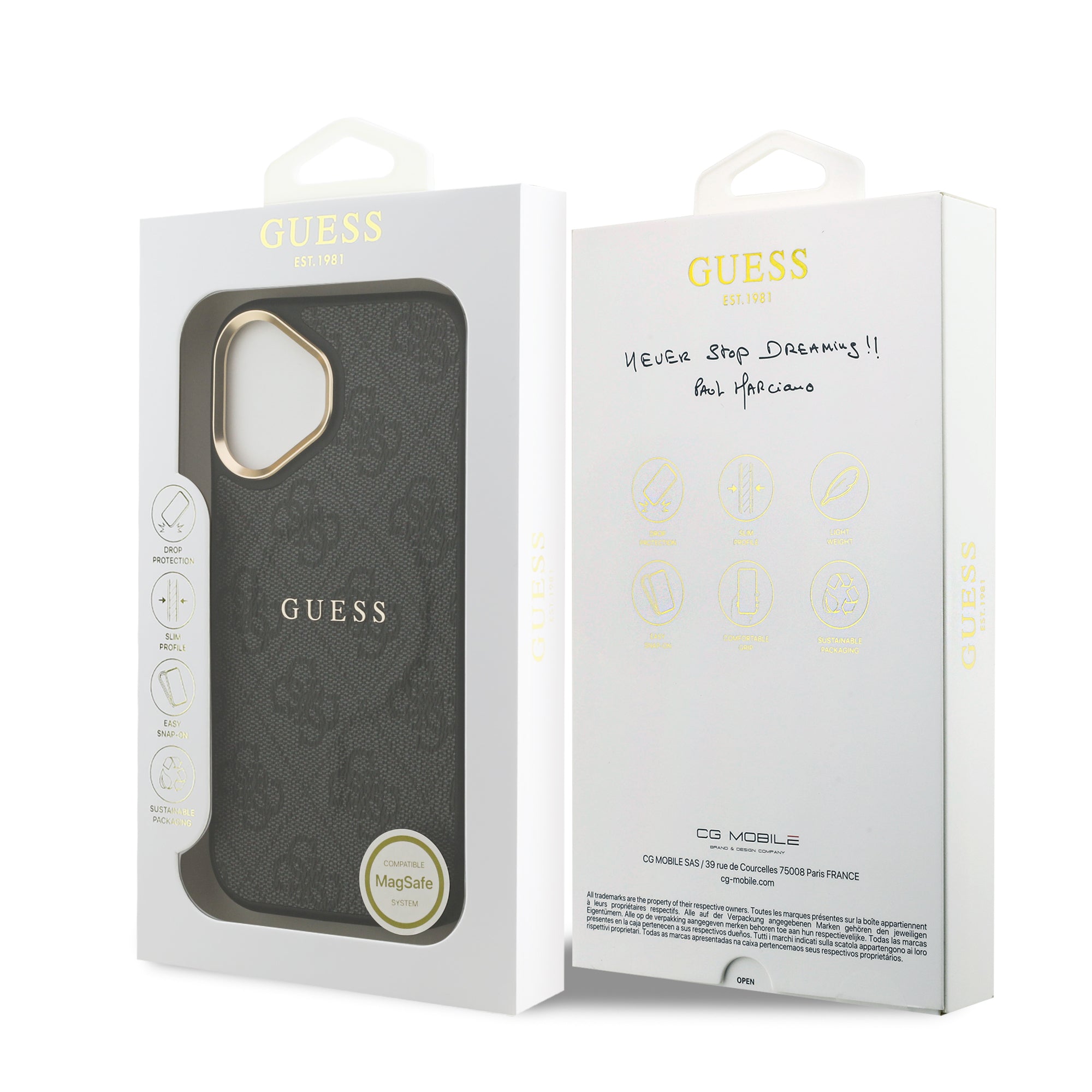 iPhone 17 Kılıf Guess Orijinal Lisanslı M-safe Şarj Özellikli Gold Metal Kamera Çerçeveli PU Deri 4G Desenli Yazı Logolu Kılıf