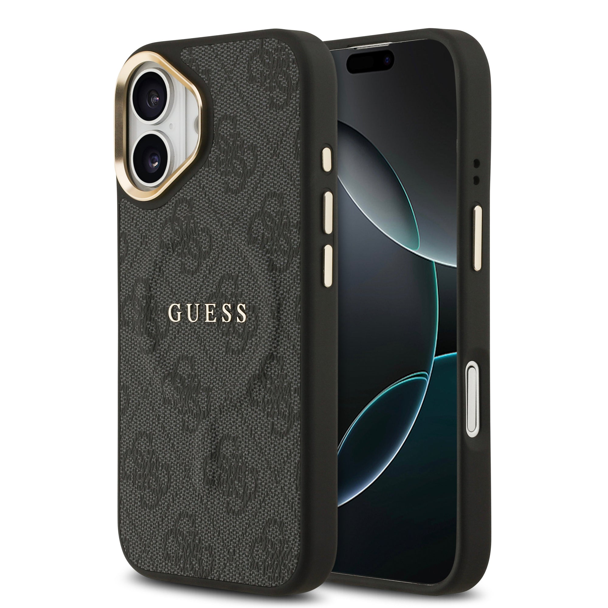 iPhone 17 Kılıf Guess Orijinal Lisanslı M-safe Şarj Özellikli Gold Metal Kamera Çerçeveli PU Deri 4G Desenli Yazı Logolu Kılıf