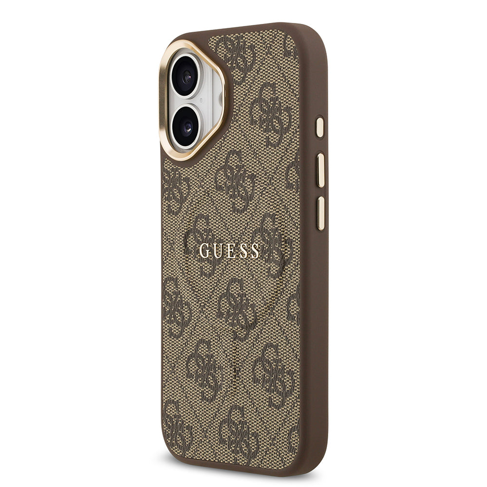 iPhone 17 Kılıf Guess Orijinal Lisanslı M-safe Şarj Özellikli Gold Metal Kamera Çerçeveli PU Deri 4G Desenli Yazı Logolu Kılıf