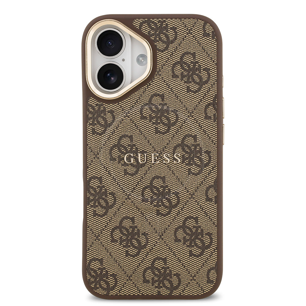 iPhone 17 Kılıf Guess Orijinal Lisanslı M-safe Şarj Özellikli Gold Metal Kamera Çerçeveli PU Deri 4G Desenli Yazı Logolu Kılıf