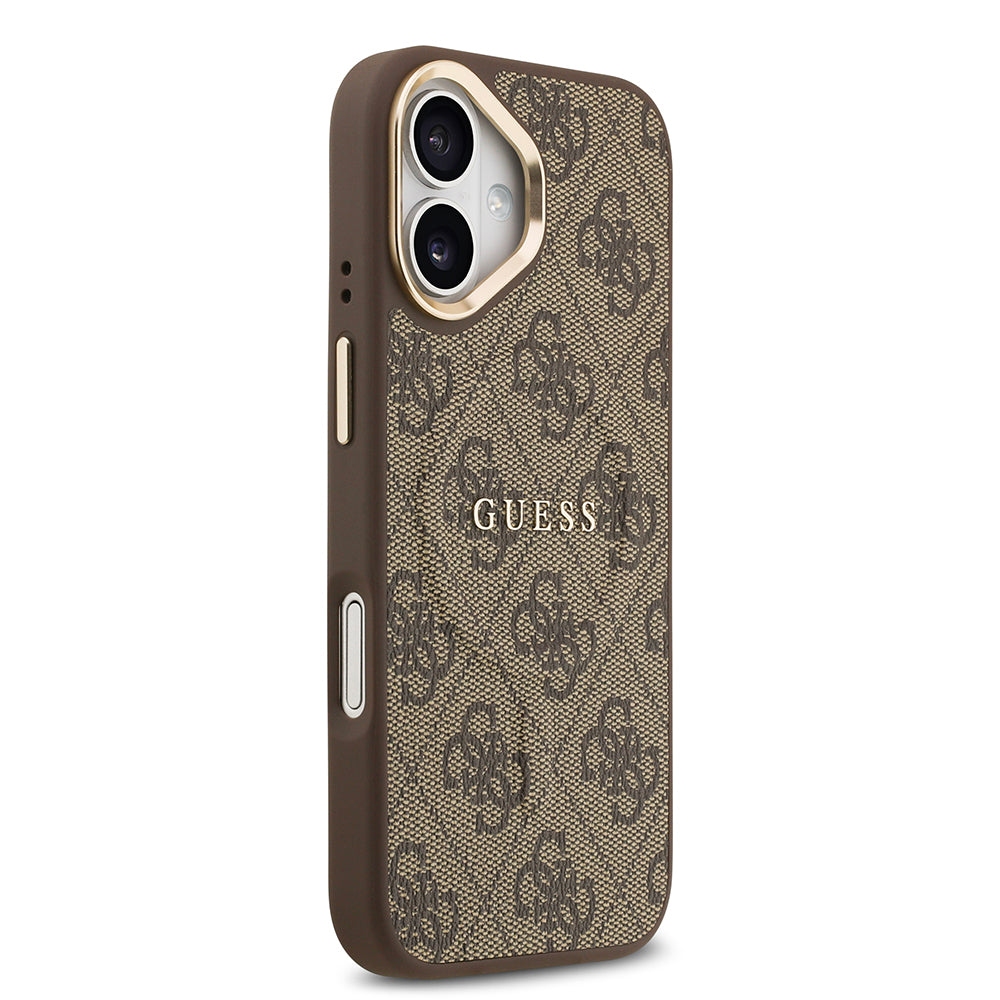 iPhone 17 Kılıf Guess Orijinal Lisanslı M-safe Şarj Özellikli Gold Metal Kamera Çerçeveli PU Deri 4G Desenli Yazı Logolu Kılıf