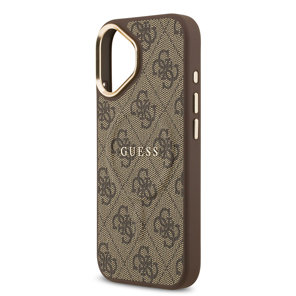 iPhone 17 Kılıf Guess Orijinal Lisanslı M-safe Şarj Özellikli Gold Metal Kamera Çerçeveli PU Deri 4G Desenli Yazı Logolu Kılıf