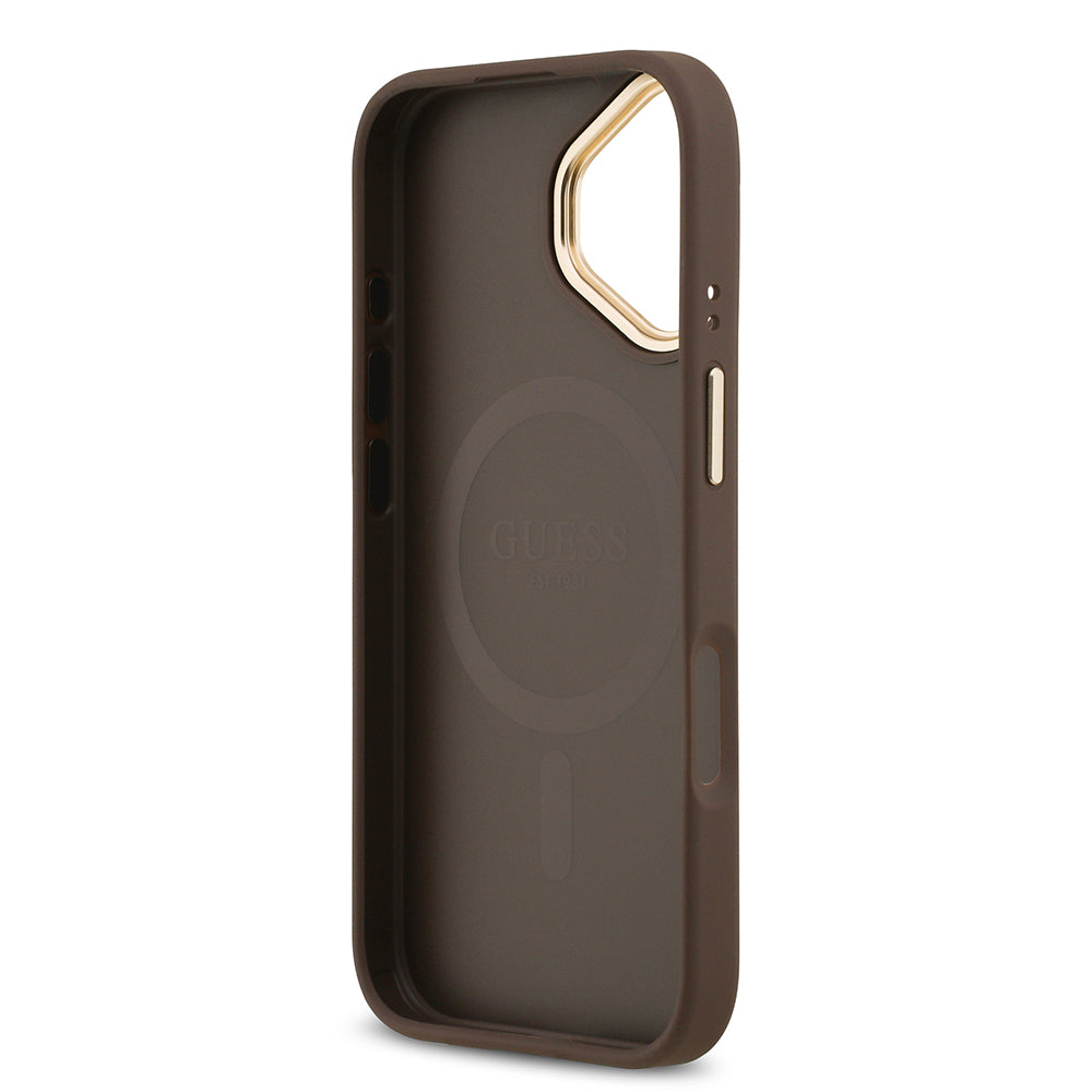iPhone 17 Kılıf Guess Orijinal Lisanslı M-safe Şarj Özellikli Gold Metal Kamera Çerçeveli PU Deri 4G Desenli Yazı Logolu Kılıf
