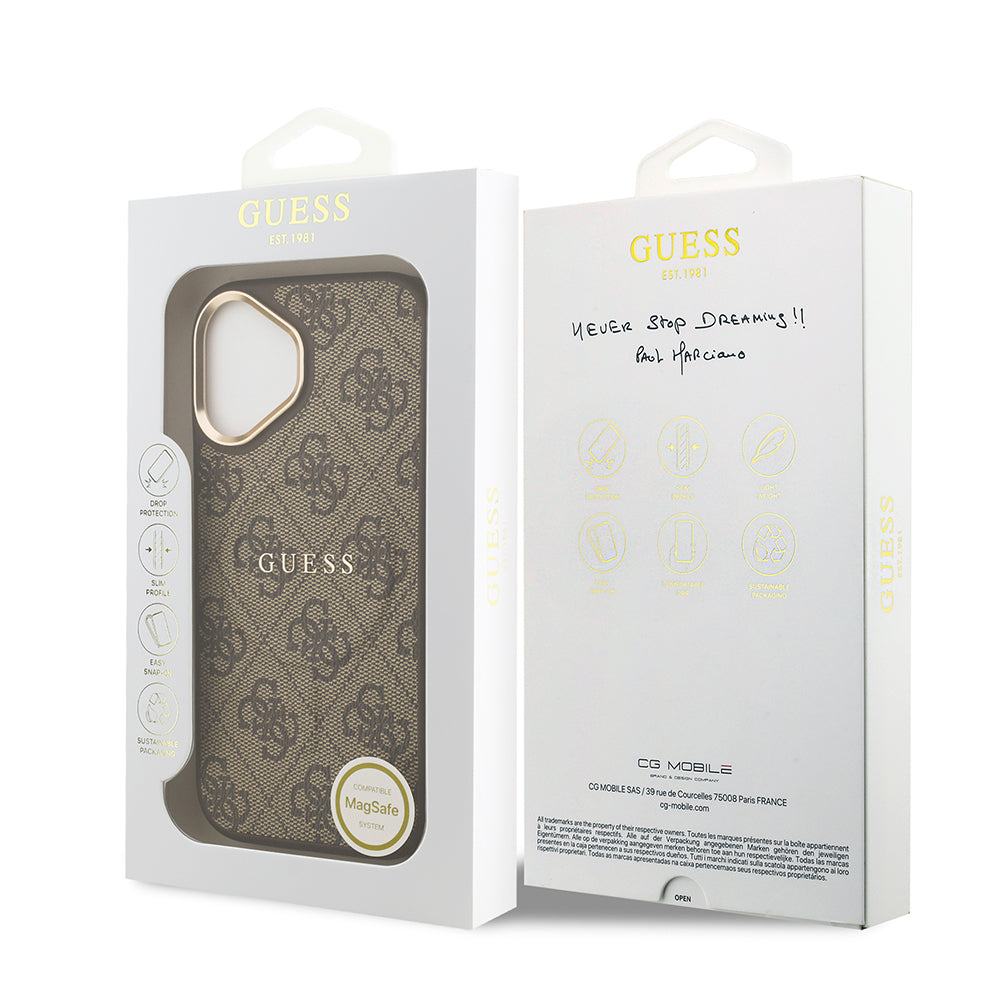 iPhone 17 Kılıf Guess Orijinal Lisanslı M-safe Şarj Özellikli Gold Metal Kamera Çerçeveli PU Deri 4G Desenli Yazı Logolu Kılıf