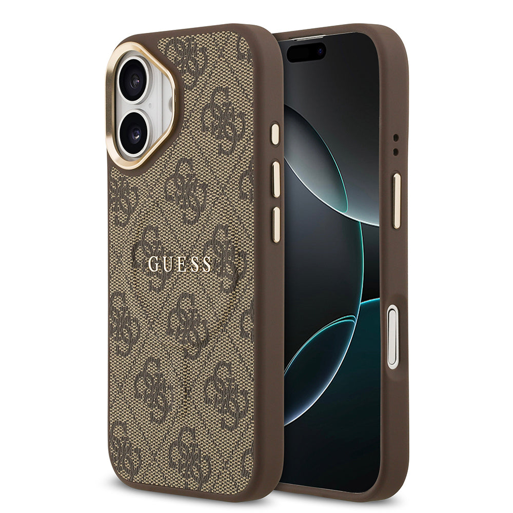 iPhone 17 Kılıf Guess Orijinal Lisanslı M-safe Şarj Özellikli Gold Metal Kamera Çerçeveli PU Deri 4G Desenli Yazı Logolu Kılıf