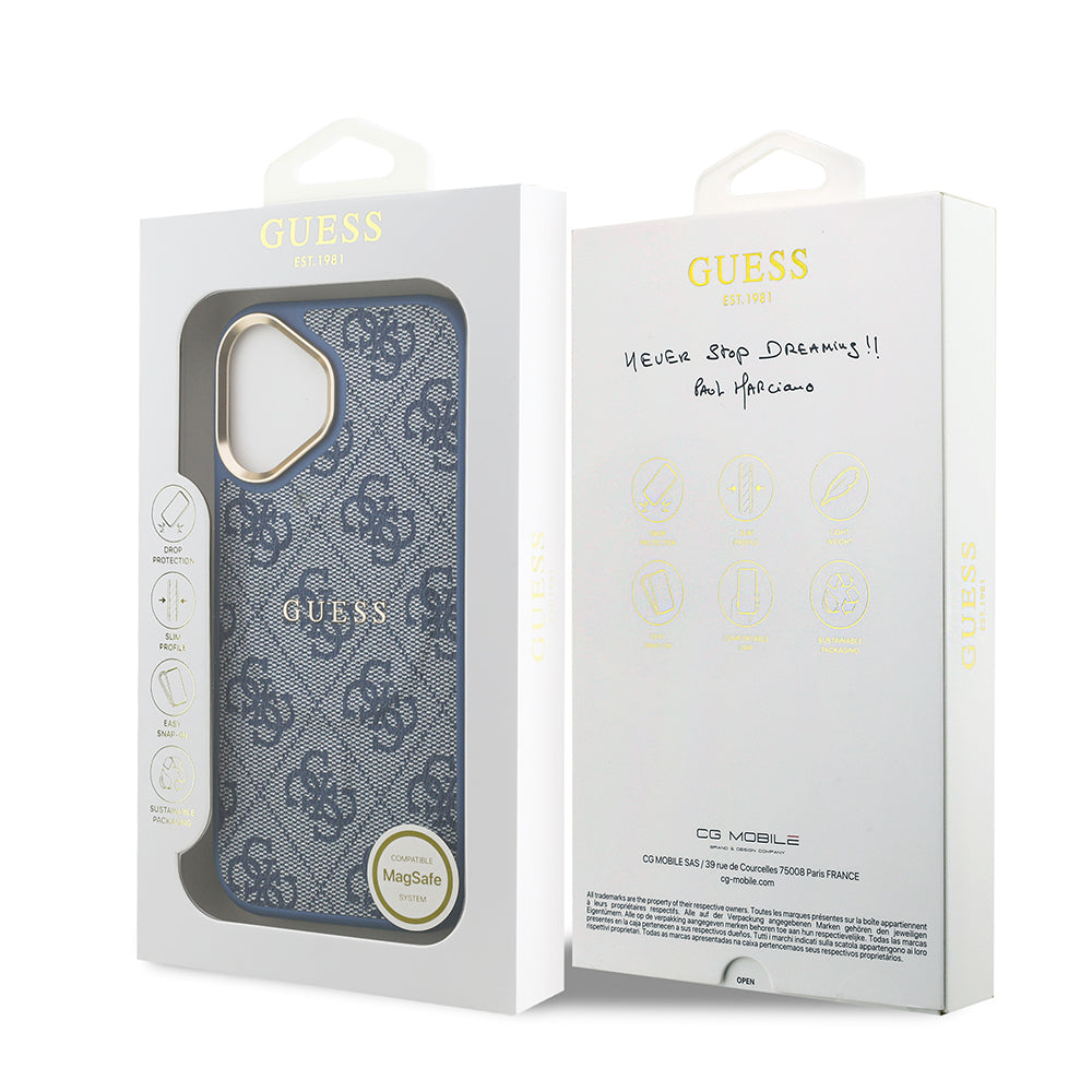 iPhone 17 Kılıf Guess Orijinal Lisanslı M-safe Şarj Özellikli Gold Metal Kamera Çerçeveli PU Deri 4G Desenli Yazı Logolu Kılıf
